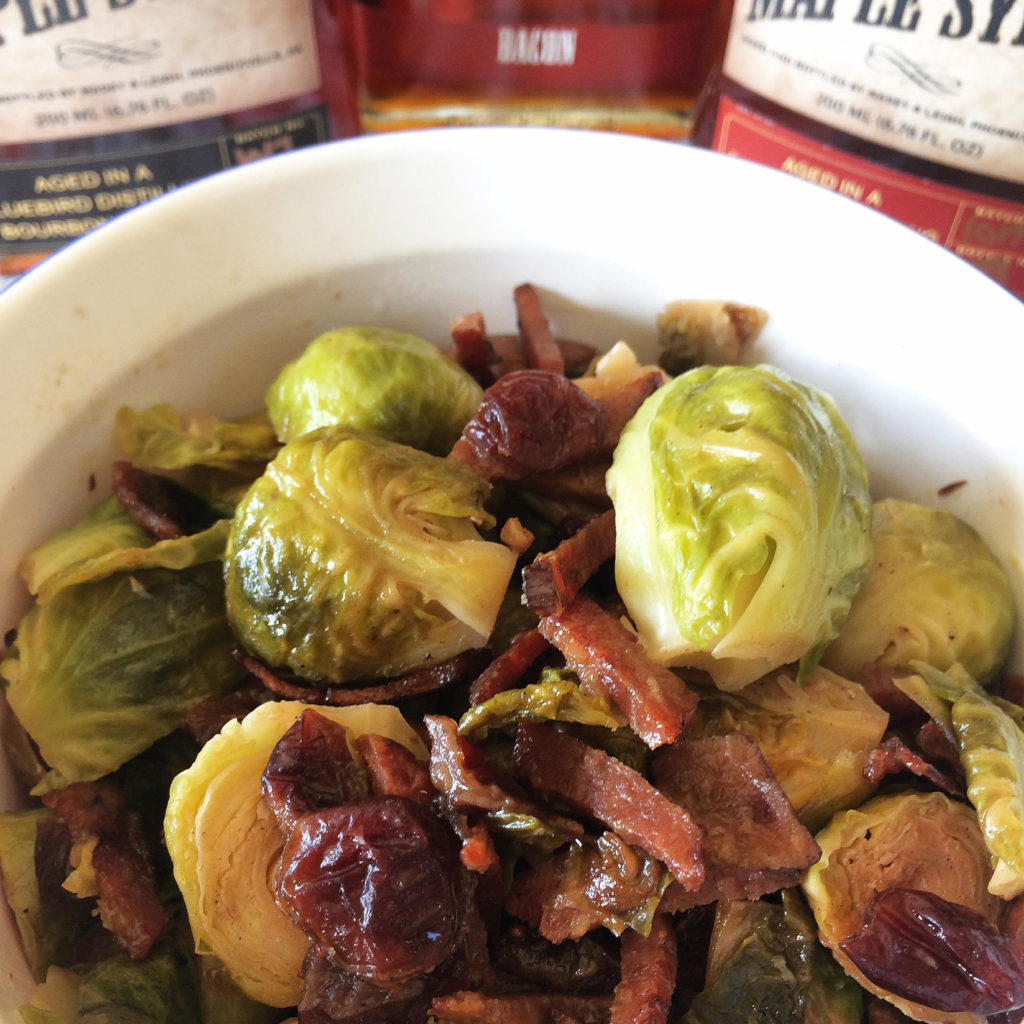 cast iron brussels sprouts, bacon bourbon barrel aged maple syrup cooking veggies whiskey barrel aged maple syrup smokey sweet pure maple syrup