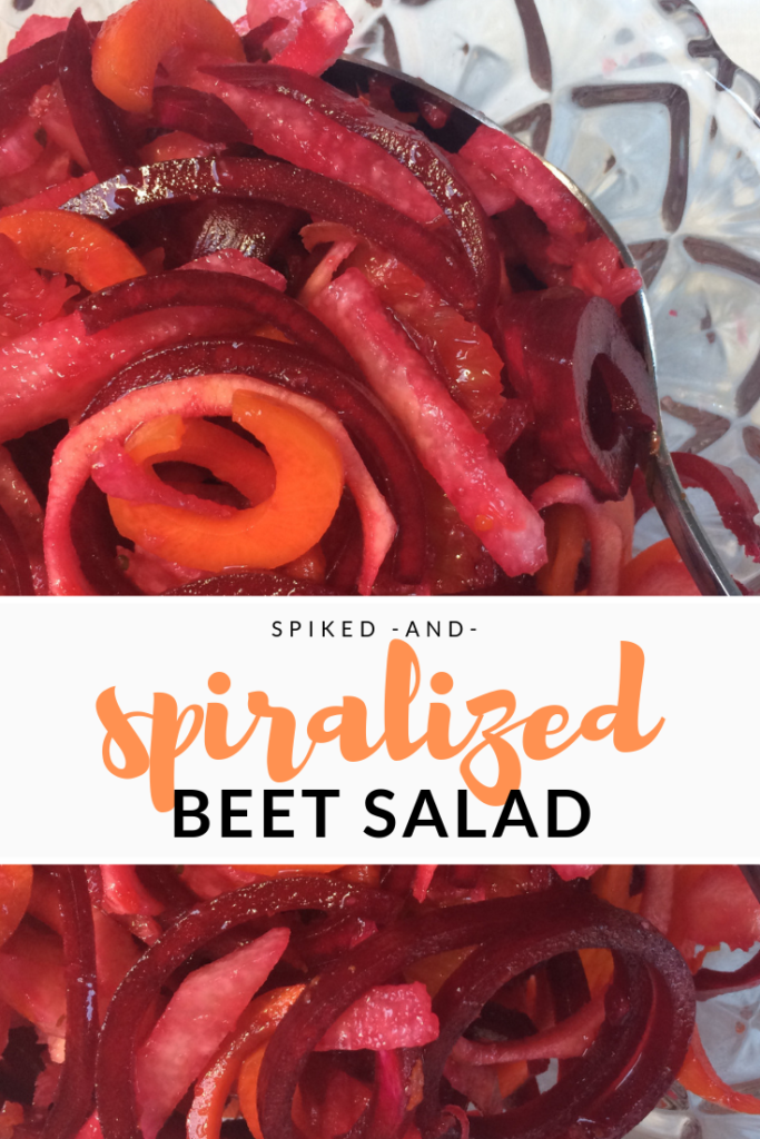spiked and spiralized beet salad, beet recipe, carrot beet, recipes for spiralizer, spiralizer recipes, maple recipes, using maple syrup to cook, cooking with maple syrup, maple syrup recipes, barrel aged cerations
